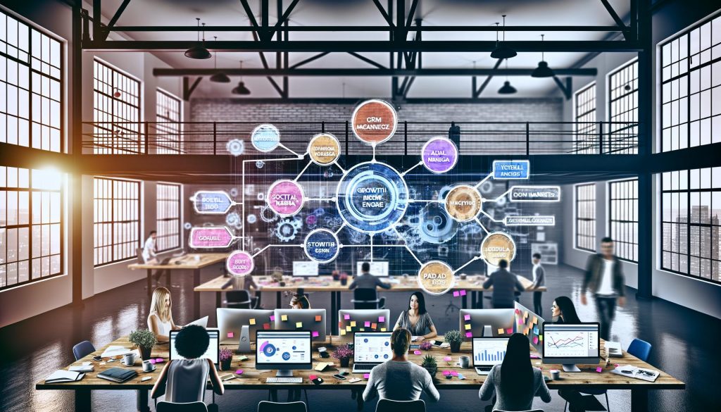 Offene, moderne Büroumgebung mit Marketers an Monitoren voller Marketingdaten, KPIs und Funnel-Grafiken. Post-Its, Notizbücher und Tablets im Vordergrund, arbeitsame Stimmung.