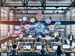 Offene, moderne Büroumgebung mit Marketers an Monitoren voller Marketingdaten, KPIs und Funnel-Grafiken. Post-Its, Notizbücher und Tablets im Vordergrund, arbeitsame Stimmung.