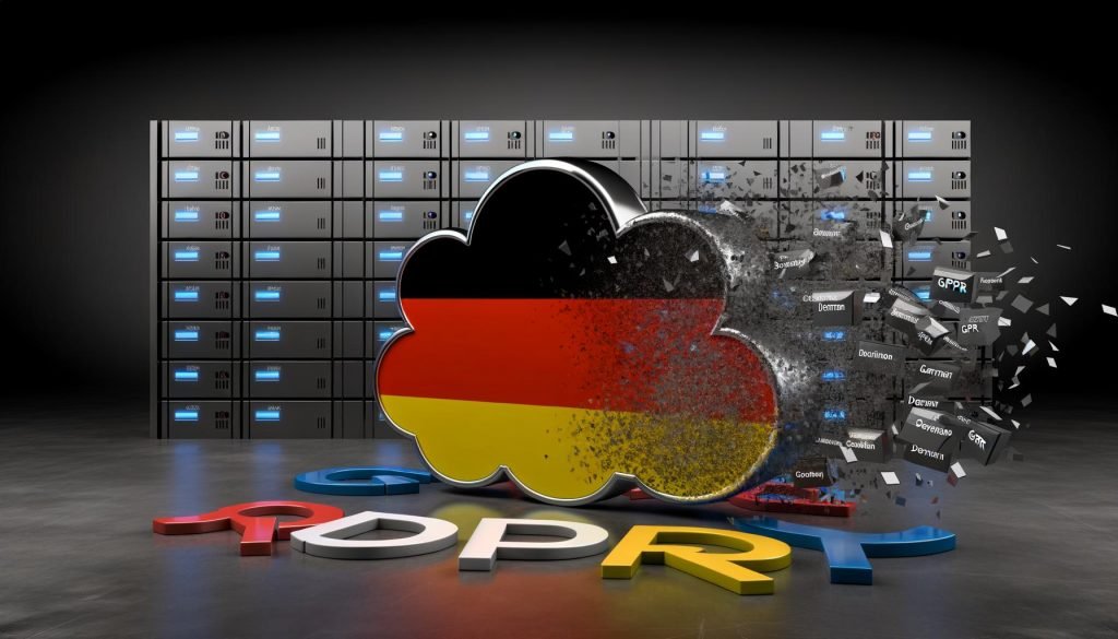 Stilisierte deutsche Flagge als Wolke, Buzzwords zerschellen an einer Serverwand mit TÜV- und BSI-Siegeln, Silhouetten internationaler Hyperscaler im Hintergrund.
