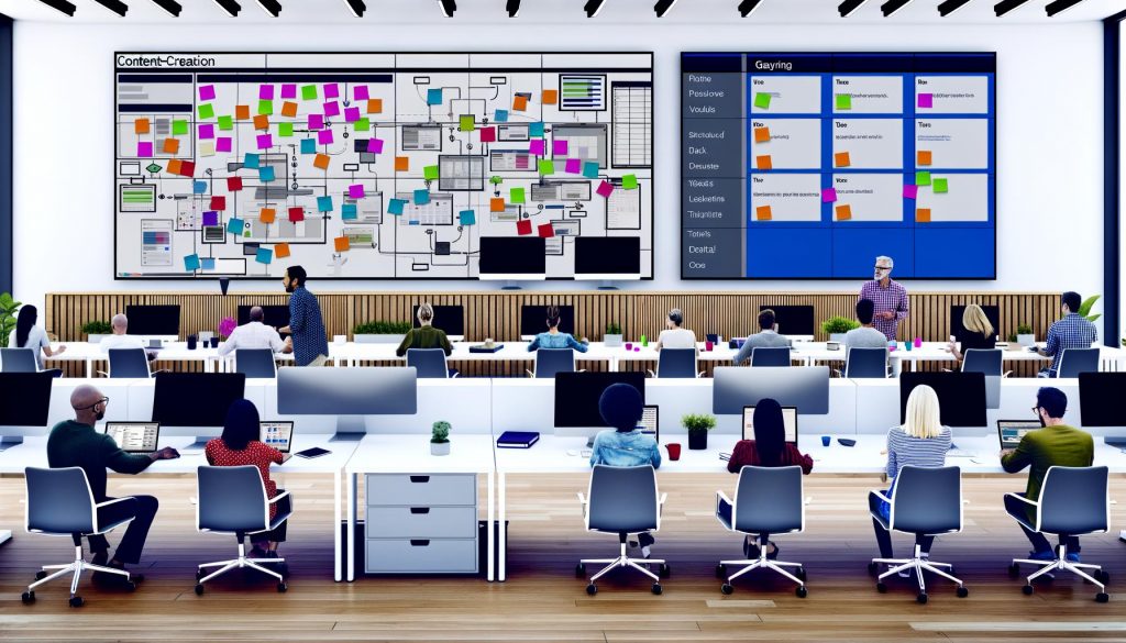 Modernes Content-Team arbeitet strukturiert an Schreibtischen mit digitalen Taskboards und Whiteboards in einem organisierten Büro.