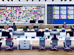 Modernes Content-Team arbeitet strukturiert an Schreibtischen mit digitalen Taskboards und Whiteboards in einem organisierten Büro.