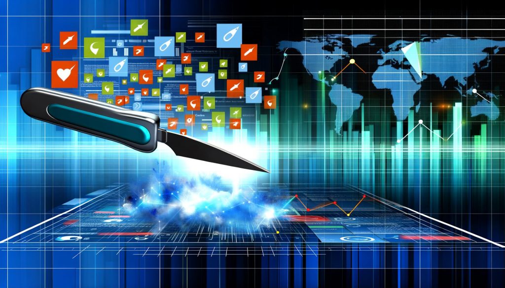 Ein präzises Skalpell durchtrennt eine bunte Wolke digitaler Symbole vor einem modernen Dashboard mit Conversion-Pfeilen in Blau, Türkis und Orange.