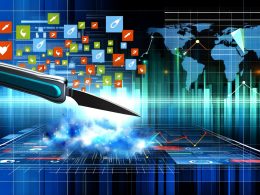 Ein präzises Skalpell durchtrennt eine bunte Wolke digitaler Symbole vor einem modernen Dashboard mit Conversion-Pfeilen in Blau, Türkis und Orange.