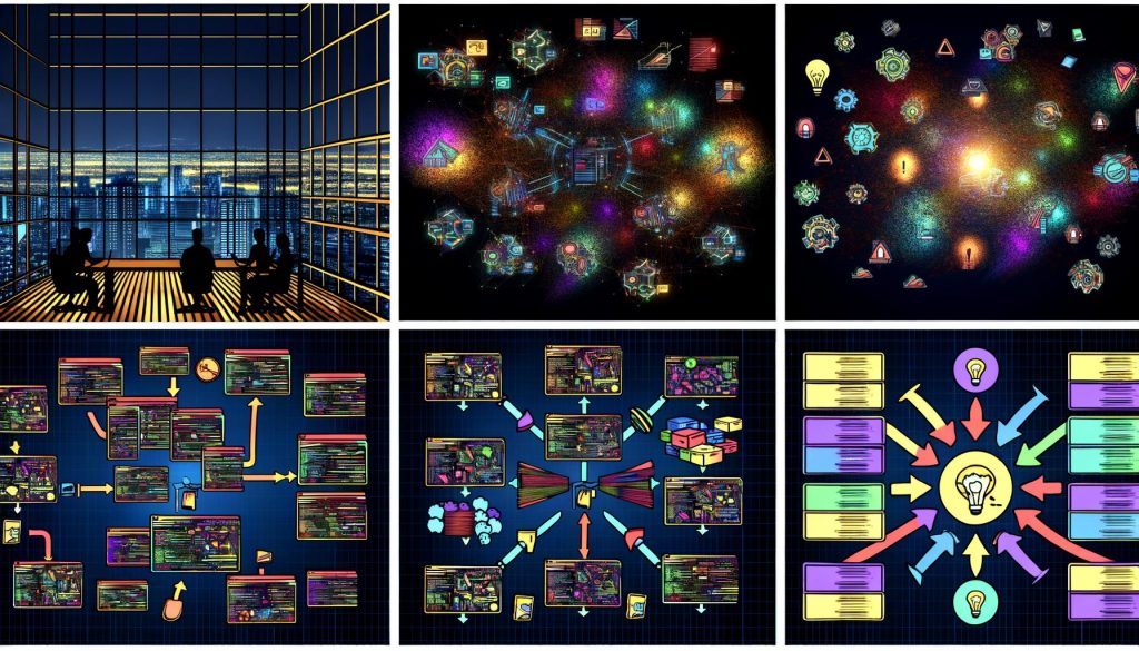 Serie technischer Grafiken zu GitHub Actions: Cockpit mit Code und Datenströmen, Repository-Interface mit Workflow-Karten, Infografik zu Workflows, Entwicklerteam am Bildschirm, Comic-Use-Cases, strukturierte Mindmap-Steps, Monitoring mit Badges im Serverraum und Vergleich von Chaos zu Automatisierung.