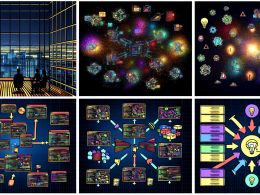 Serie technischer Grafiken zu GitHub Actions: Cockpit mit Code und Datenströmen, Repository-Interface mit Workflow-Karten, Infografik zu Workflows, Entwicklerteam am Bildschirm, Comic-Use-Cases, strukturierte Mindmap-Steps, Monitoring mit Badges im Serverraum und Vergleich von Chaos zu Automatisierung.