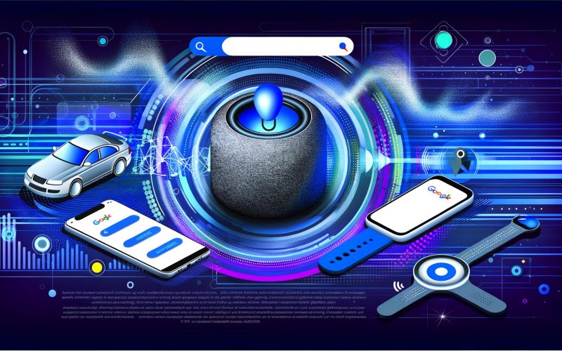 Futuristischer Smart Speaker sendet Sprachwellen an Smartphone, Tablet, Wearable und Auto vor Google-Suchschlitz, stilisiert in Blautönen mit weißen Akzenten.