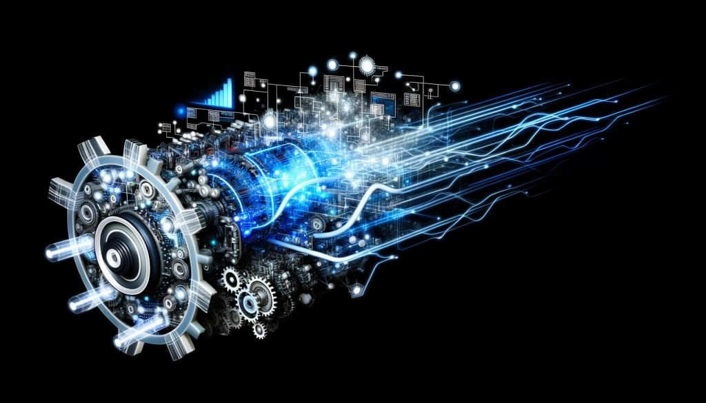 Futuristischer Motor mit Datenströmen, Zahnrädern und digitalen Schaltkreisen, der eine moderne digitale Stadt antreibt