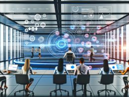 Futuristische Marketing-Abteilung mit großem transparenten Interface, auf dem Datenströme, Diagramme und Zielgruppencluster in Echtzeit visualisiert werden. Team aus Marketing- und Datenexperten arbeitet an Laptops und Touchscreens in moderner, technischer Atmosphäre.