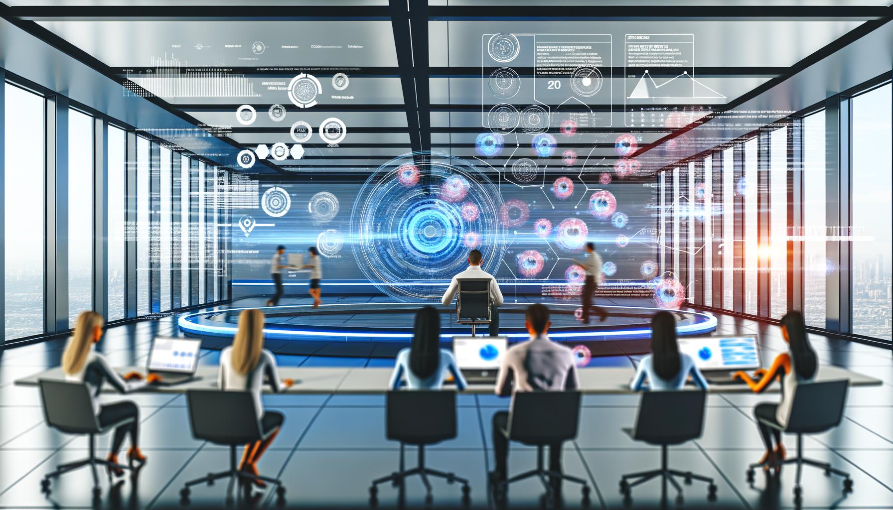 Futuristische Marketing-Abteilung mit großem transparenten Interface, auf dem Datenströme, Diagramme und Zielgruppencluster in Echtzeit visualisiert werden. Team aus Marketing- und Datenexperten arbeitet an Laptops und Touchscreens in moderner, technischer Atmosphäre.