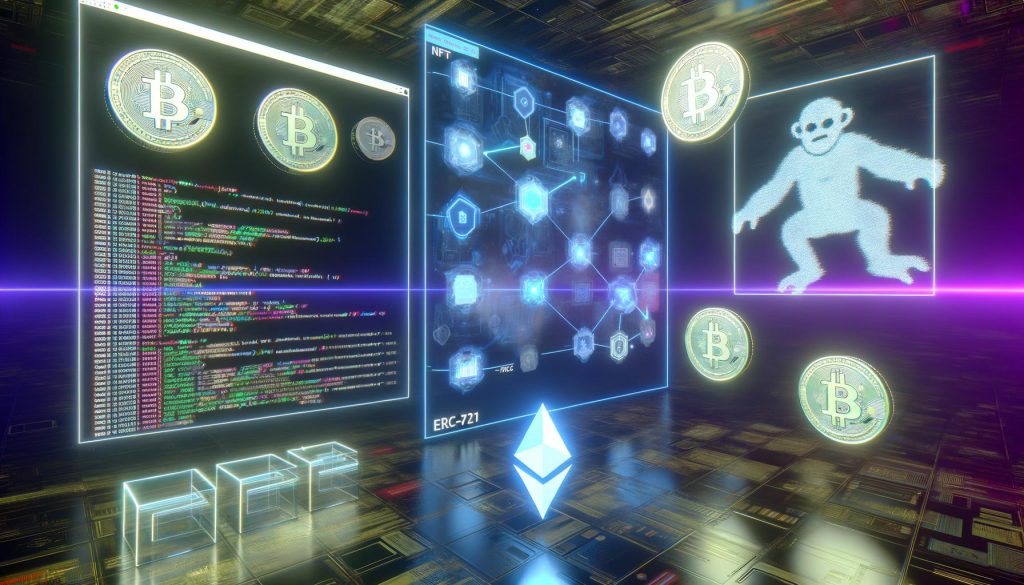 Digitaler Arbeitsplatz mit Blockchain-Diagrammen, NFT-Token-Icons (ERC-721, ERC-1155), Pixel-Ape-Bild und Code-Snippets vor neonbeleuchtetem Hintergrund.