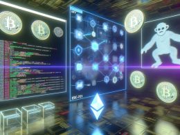 Digitaler Arbeitsplatz mit Blockchain-Diagrammen, NFT-Token-Icons (ERC-721, ERC-1155), Pixel-Ape-Bild und Code-Snippets vor neonbeleuchtetem Hintergrund.