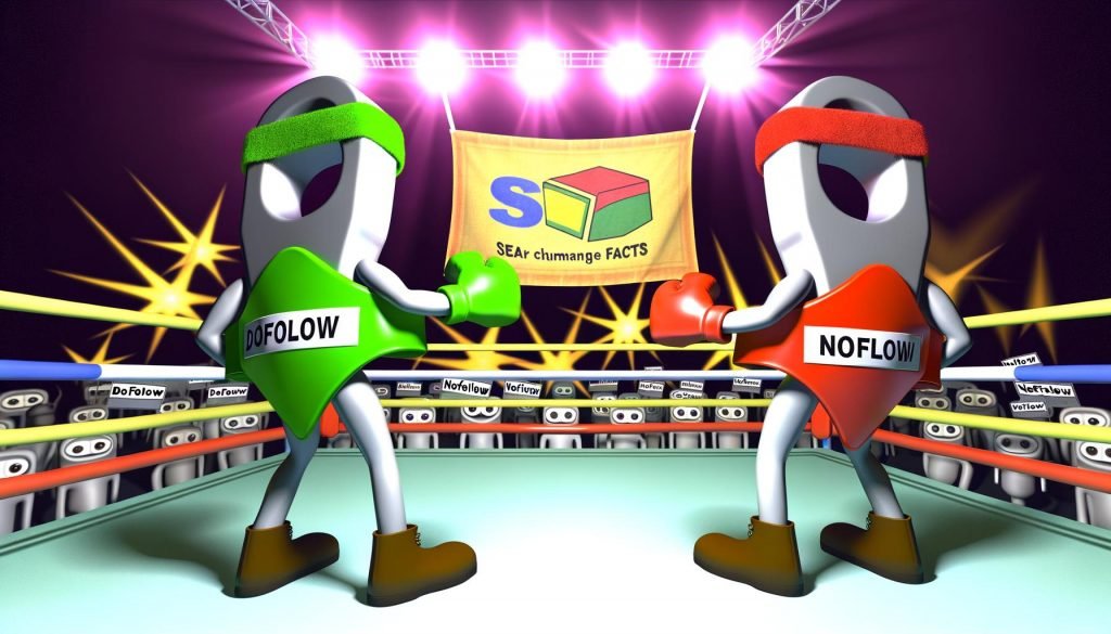 Illustration eines Boxrings im Retro-Stil mit zwei gegnerischen Weblinks, einer mit grünem Dofollow-Gürtel, der andere mit rotem Nofollow-Stirnband. Ein digitales Publikum aus Browserfenstern und Suchmaschinenrobotern jubelt im Hintergrund.