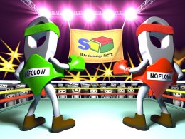 Illustration eines Boxrings im Retro-Stil mit zwei gegnerischen Weblinks, einer mit grünem Dofollow-Gürtel, der andere mit rotem Nofollow-Stirnband. Ein digitales Publikum aus Browserfenstern und Suchmaschinenrobotern jubelt im Hintergrund.