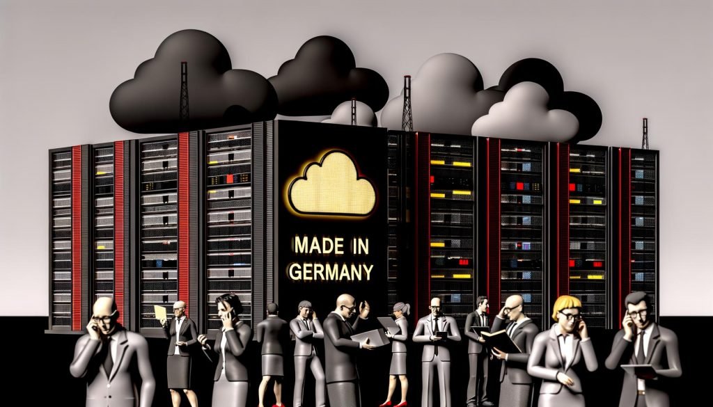 Illustration eines modernen Rechenzentrums mit schwarzem, rot-gold leuchtendem 'Cloud Made in Germany'-Schild, skeptischen Geschäftsleuten davor und dunklen Silhouetten von US-Tech-Konzernen im Hintergrund.