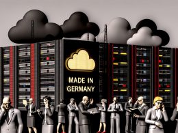 Illustration eines modernen Rechenzentrums mit schwarzem, rot-gold leuchtendem 'Cloud Made in Germany'-Schild, skeptischen Geschäftsleuten davor und dunklen Silhouetten von US-Tech-Konzernen im Hintergrund.