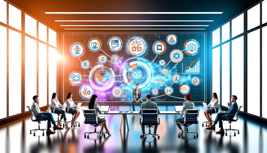 Marketing-Team sitzt und steht um ein großes digitales Dashboard, das Content-Pläne, Automatisierungs-Workflows und KPI-Grafiken zeigt; im Hintergrund Icons und Verbindungen zu Tools wie CMS, Slack und Analytics.