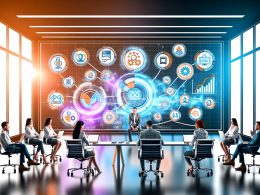 Marketing-Team sitzt und steht um ein großes digitales Dashboard, das Content-Pläne, Automatisierungs-Workflows und KPI-Grafiken zeigt; im Hintergrund Icons und Verbindungen zu Tools wie CMS, Slack und Analytics.