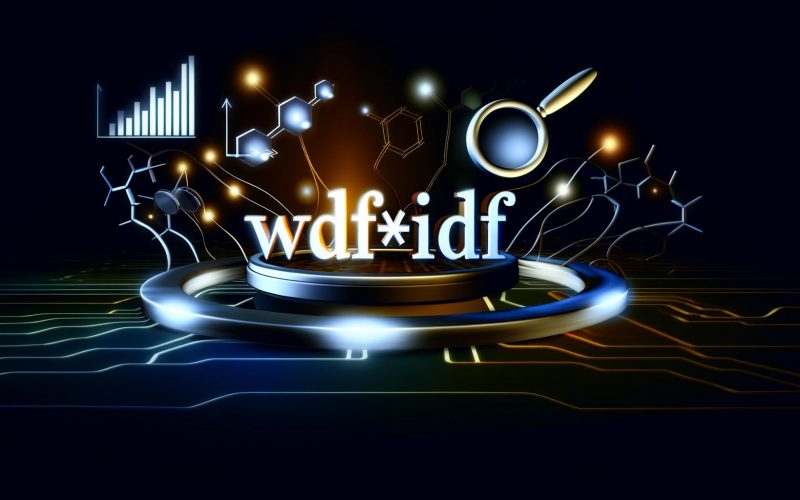 Digitale Darstellung von WDF*IDF als leuchtende mathematische Formel mit SEO-Symbolen auf dunklem, modernen Hintergrund im High-Tech-Stil.