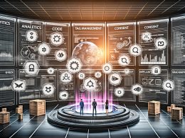 Digitaler Maschinenraum mit Dashboard, Marketer und Data Engineer, Analytics- und Datenschutzsymbolen sowie organisierten Datenströmen.