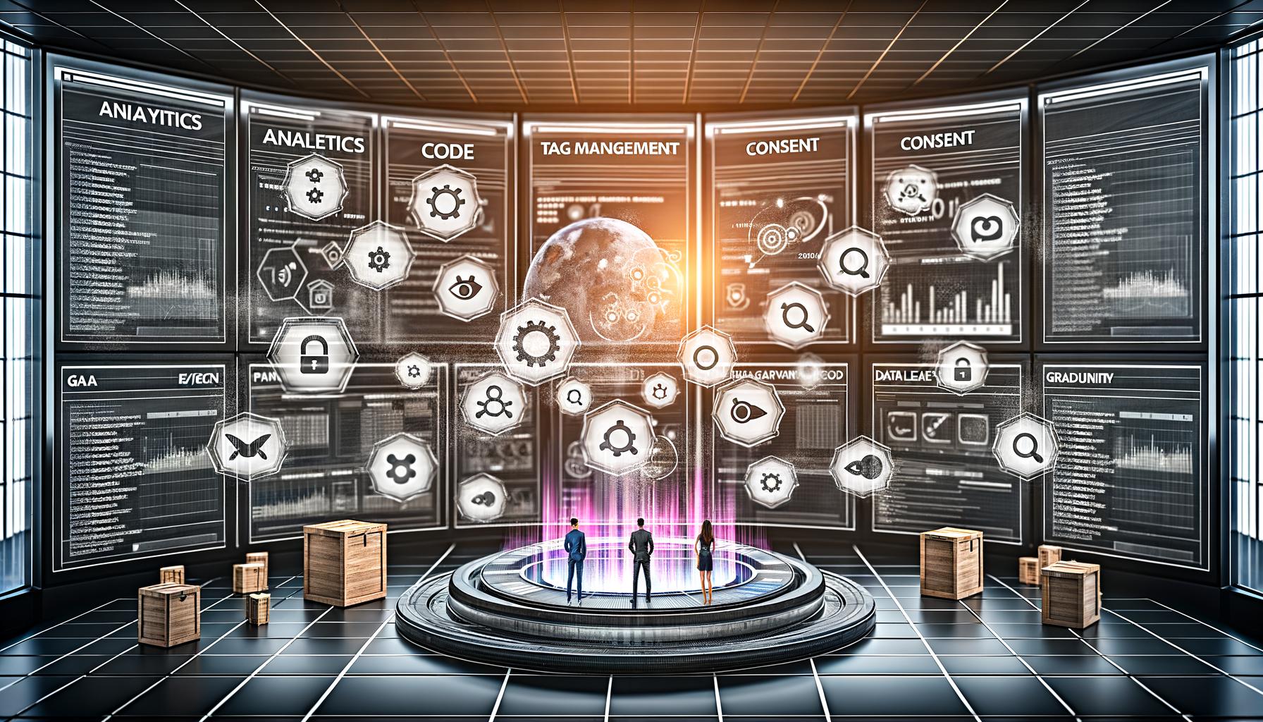 Digitaler Maschinenraum mit Dashboard, Marketer und Data Engineer, Analytics- und Datenschutzsymbolen sowie organisierten Datenströmen.