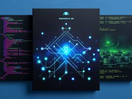 Abstrahierte Grafik eines GitHub-Actions-Workflows mit Knoten, Pfeilen und Matrixsymbolen auf dunklem, neonbetontem Hightech-Hintergrund, daneben Entwickler-Arbeitsplätze und schwebender YAML-Code.