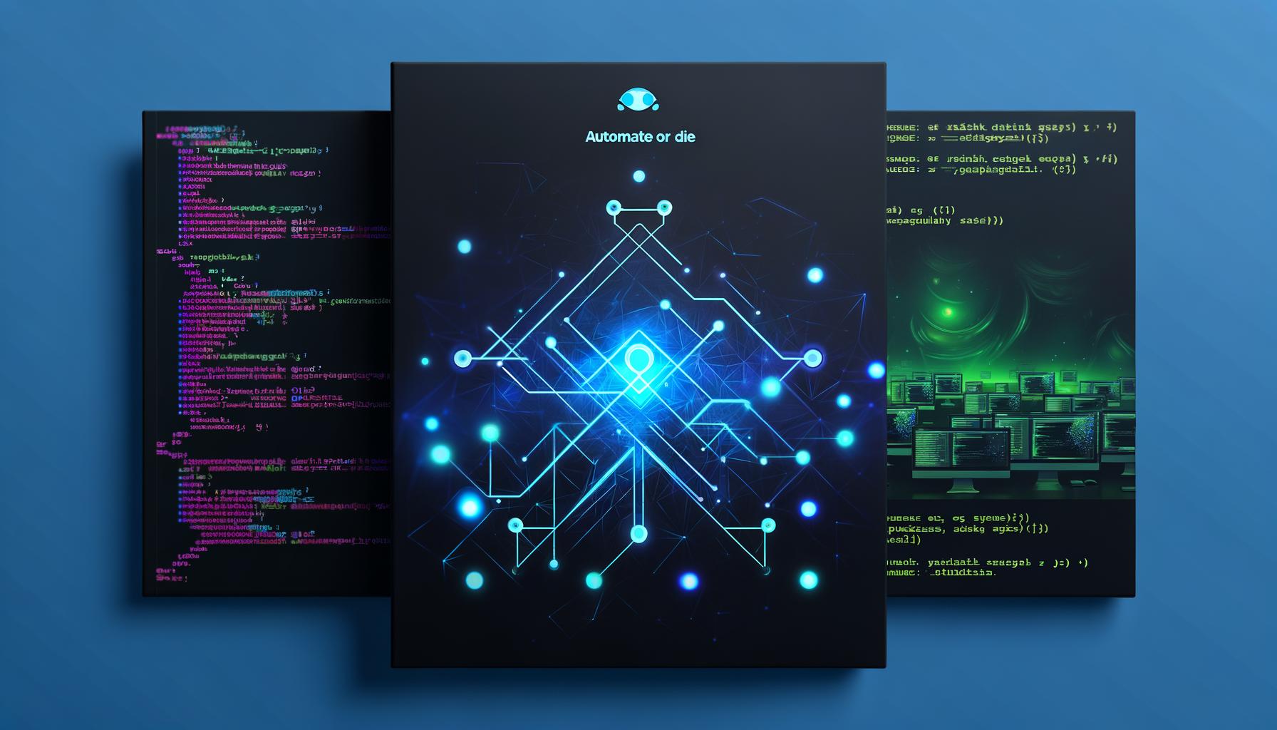 Abstrahierte Grafik eines GitHub-Actions-Workflows mit Knoten, Pfeilen und Matrixsymbolen auf dunklem, neonbetontem Hightech-Hintergrund, daneben Entwickler-Arbeitsplätze und schwebender YAML-Code.