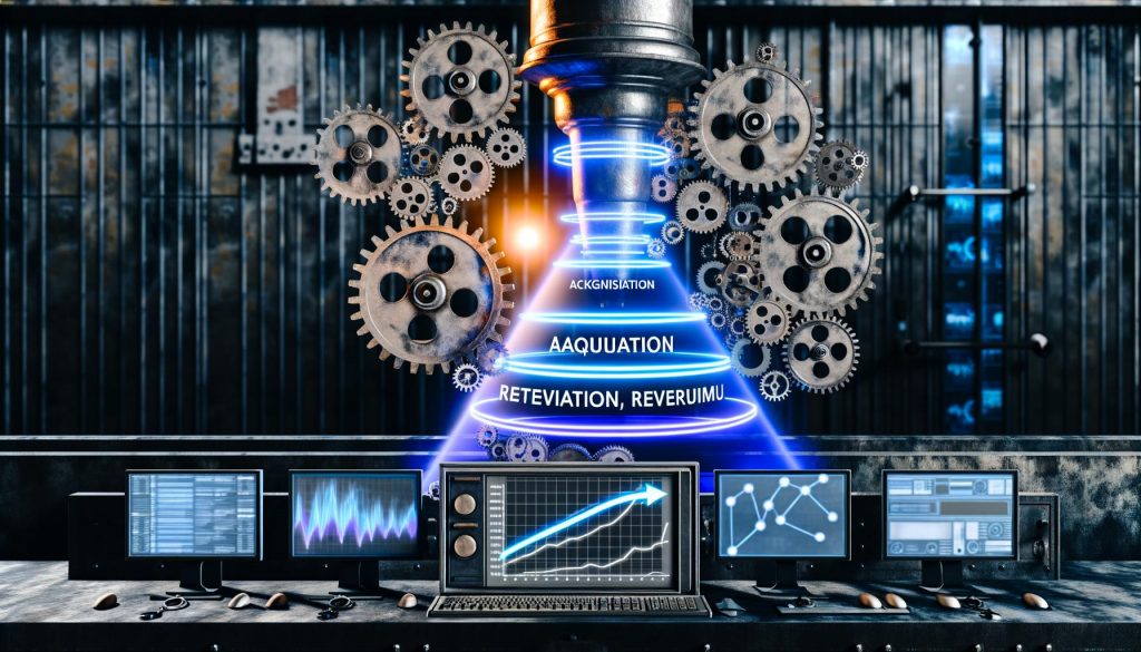 Futuristische Maschinenraum-Ästhetik mit transparentem, leuchtendem Motorenmodell, digitalen Datenströmen und AARRR-Funnel-Modell, analoge Technik und digitale Monitore im energiegeladenen Ambiente.