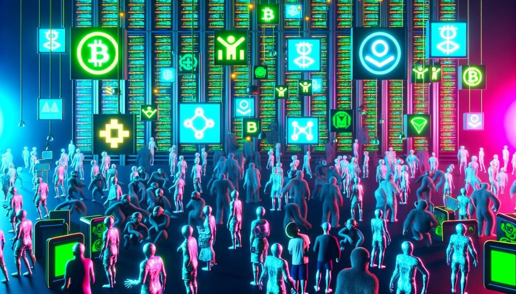 Illustration eines futuristischen, neonbeleuchteten digitalen Dschungels mit NFTs, Blockchain-Code, VR-Nutzern, Meme-Icons, digitalen Affen und Pixel-Kunst vor Servern.