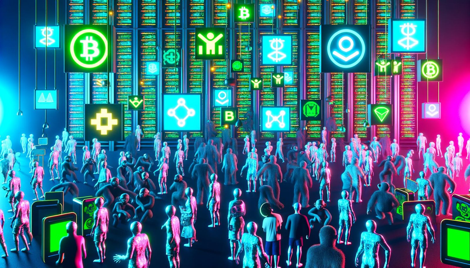 Illustration eines futuristischen, neonbeleuchteten digitalen Dschungels mit NFTs, Blockchain-Code, VR-Nutzern, Meme-Icons, digitalen Affen und Pixel-Kunst vor Servern.