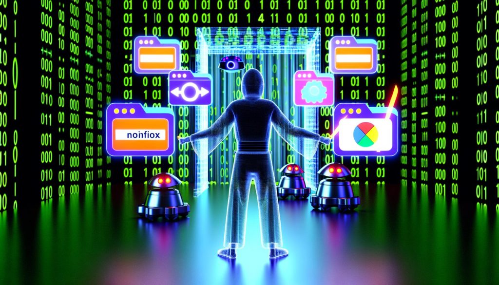 Digitaler Ninja aus Code schützt mit unsichtbarer HTTP-Header-Wand verschiedene Dateien vor Suchmaschinen-Robotern, mit auffälligen Icons für noindex, nofollow und noarchive, Cyberpunk-Serverraum im Hintergrund.