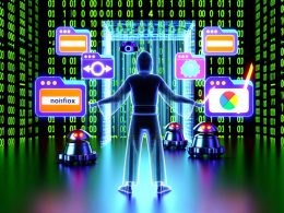 Digitaler Ninja aus Code schützt mit unsichtbarer HTTP-Header-Wand verschiedene Dateien vor Suchmaschinen-Robotern, mit auffälligen Icons für noindex, nofollow und noarchive, Cyberpunk-Serverraum im Hintergrund.