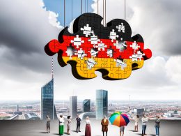 Satirische Zeichnung einer aus Puzzle-Stücken zusammengesetzten Wolke in den Farben der deutschen Flagge über einer Stadt, mit US-Tech-Unternehmensnamen, abblätternden Made-in-Germany-Stickern und besorgten Menschen darunter.