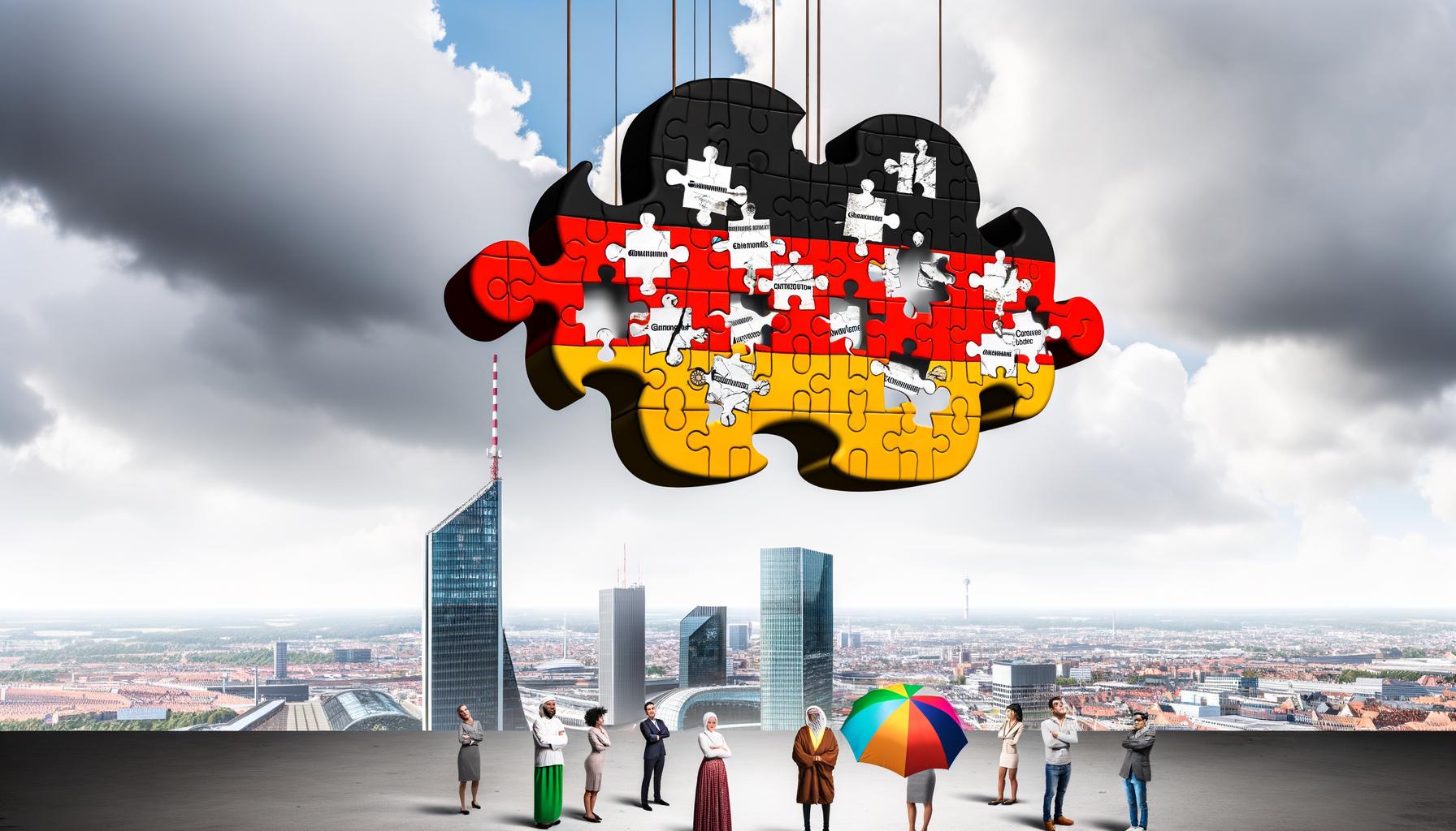 Satirische Zeichnung einer aus Puzzle-Stücken zusammengesetzten Wolke in den Farben der deutschen Flagge über einer Stadt, mit US-Tech-Unternehmensnamen, abblätternden Made-in-Germany-Stickern und besorgten Menschen darunter.