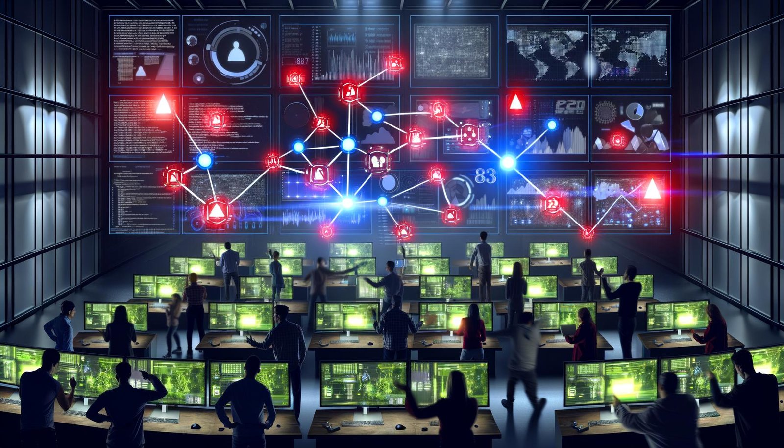 Nervöse Marketer stehen in einem schwach beleuchteten Kontrollraum, betrachten defekte Analyse-Dashboards und rot markierte Fehler auf Monitoren. Zerfallende Pixel-Icons und Datenknoten symbolisieren fehlerhaftes Event-Tracking.