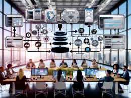 Modernes diverses Marketing-Team arbeitet in einem futuristischen Großraumbüro vor holografischen Screens mit Headless-API-Diagrammen, verschiedenen digitalen Geräten und einem digitalen Whiteboard.