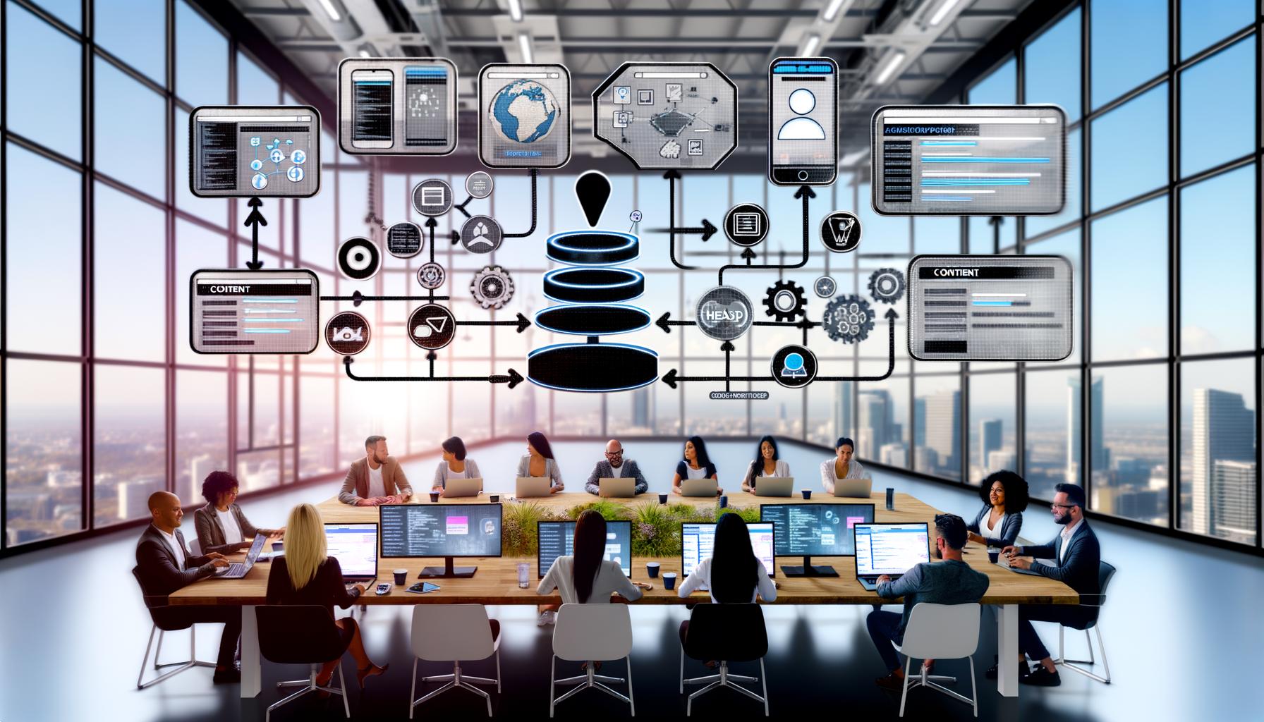 Modernes diverses Marketing-Team arbeitet in einem futuristischen Großraumbüro vor holografischen Screens mit Headless-API-Diagrammen, verschiedenen digitalen Geräten und einem digitalen Whiteboard.