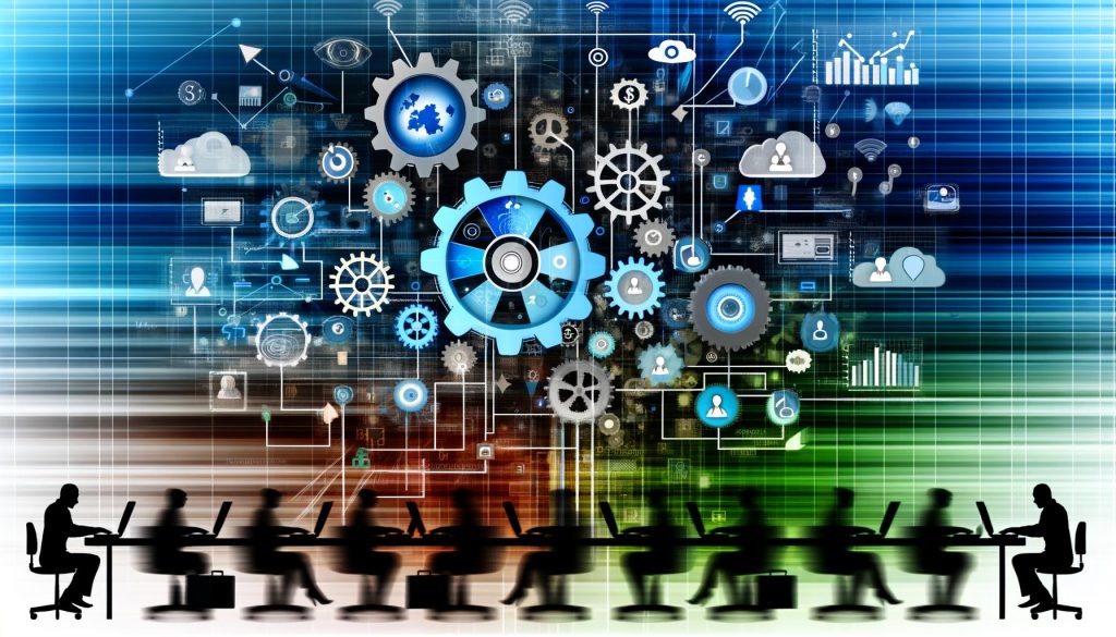 Moderne Illustration einer Growth Engine mit vernetzter Technik, Marketing, Produktentwicklung und Vertrieb, gesteuert durch Menschen an Laptops und Tablets, umgeben von Datenflüssen und Diagrammen.