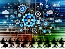 Moderne Illustration einer Growth Engine mit vernetzter Technik, Marketing, Produktentwicklung und Vertrieb, gesteuert durch Menschen an Laptops und Tablets, umgeben von Datenflüssen und Diagrammen.