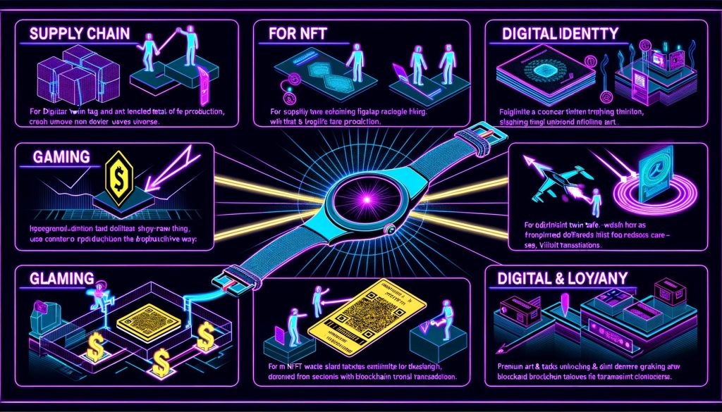 Modern gestaltete NFT-Infografik mit Anwendungsbeispielen aus Lieferkette, digitaler Identität, Gaming, Ticketing, Mitgliedschaft und digitaler Kunst, visuell durch Neonakzente hervorgehoben.