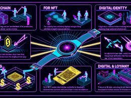 Modern gestaltete NFT-Infografik mit Anwendungsbeispielen aus Lieferkette, digitaler Identität, Gaming, Ticketing, Mitgliedschaft und digitaler Kunst, visuell durch Neonakzente hervorgehoben.
