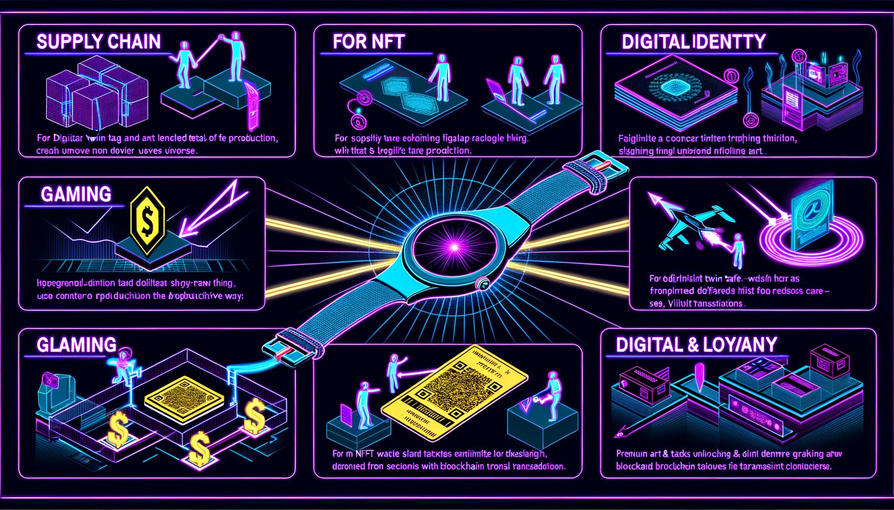 Modern gestaltete NFT-Infografik mit Anwendungsbeispielen aus Lieferkette, digitaler Identität, Gaming, Ticketing, Mitgliedschaft und digitaler Kunst, visuell durch Neonakzente hervorgehoben.