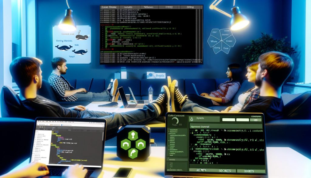 Entwickler-Team bei der Arbeit im nächtlichen Büro mit sichtbar aktivem GitHub Actions Dashboard, offenem YAML-File und DevOps-Icons wie Docker und Slack.