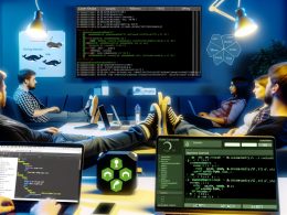 Entwickler-Team bei der Arbeit im nächtlichen Büro mit sichtbar aktivem GitHub Actions Dashboard, offenem YAML-File und DevOps-Icons wie Docker und Slack.