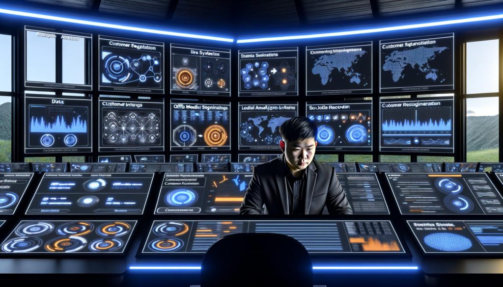 Futuristischer Kontrollraum mit zahlreichen Daten-Dashboards, konzentriertem Marketer und leuchtenden Interfaces zur zentralen Echtzeit-Überwachung von Marketingdaten.