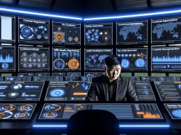 Futuristischer Kontrollraum mit zahlreichen Daten-Dashboards, konzentriertem Marketer und leuchtenden Interfaces zur zentralen Echtzeit-Überwachung von Marketingdaten.