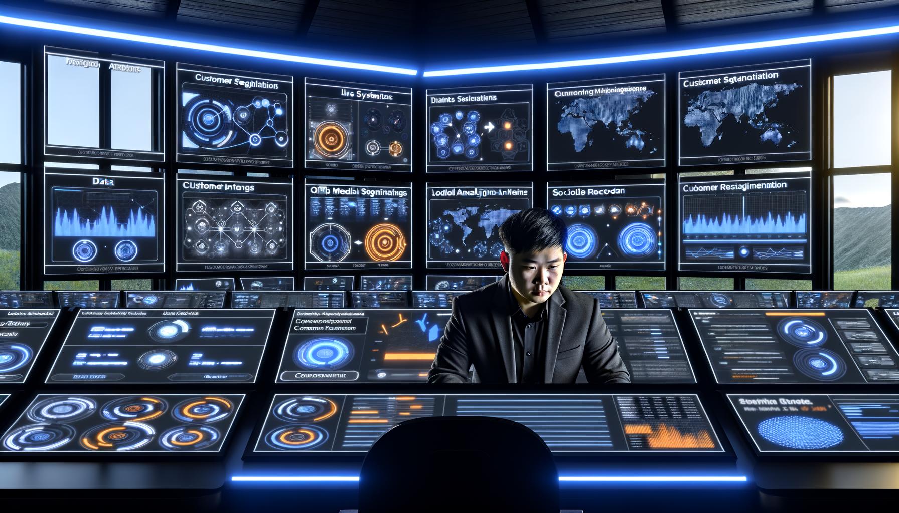 Futuristischer Kontrollraum mit zahlreichen Daten-Dashboards, konzentriertem Marketer und leuchtenden Interfaces zur zentralen Echtzeit-Überwachung von Marketingdaten.