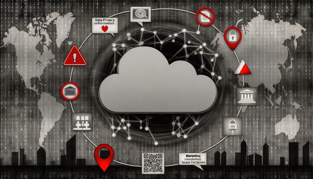 Technisches Titelbild mit grauer Cloud, Warnzeichen, Siegeln, Rechenzentrum, Kabeln, Datenschutz- und Standortsymbolen sowie Skyline von Frankfurt vor Code-Matrix.
