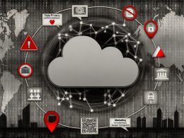 Technisches Titelbild mit grauer Cloud, Warnzeichen, Siegeln, Rechenzentrum, Kabeln, Datenschutz- und Standortsymbolen sowie Skyline von Frankfurt vor Code-Matrix.