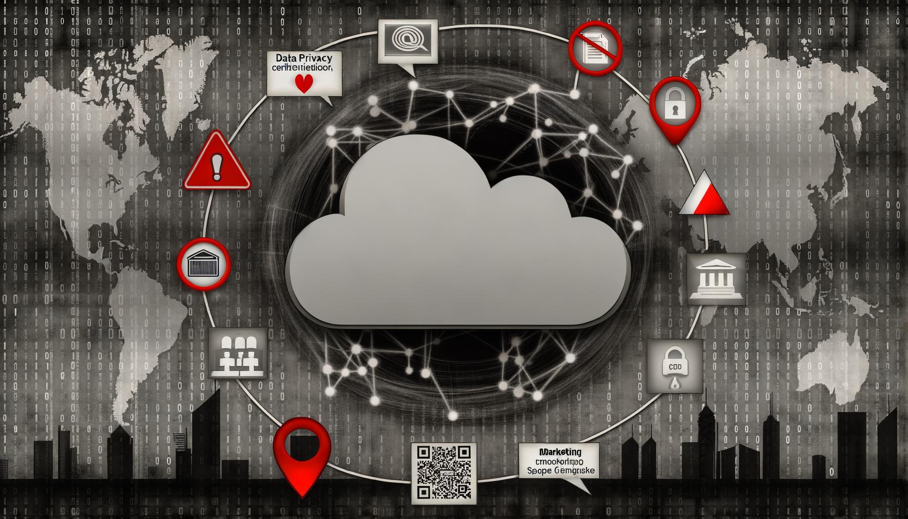 Technisches Titelbild mit grauer Cloud, Warnzeichen, Siegeln, Rechenzentrum, Kabeln, Datenschutz- und Standortsymbolen sowie Skyline von Frankfurt vor Code-Matrix.