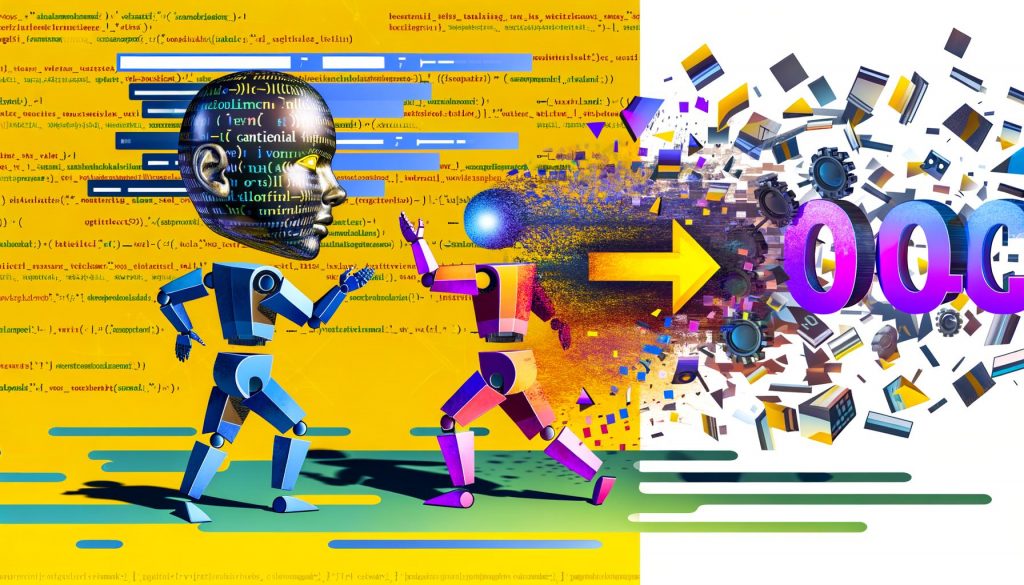 Abstrakte, kontrastreiche Darstellung zweier menschlicher Figuren, die für die SEO-Strategien Canonical Tag und 301 Redirect stehen, mit technischen Symbolen und Suchmaschinen-Elementen im Hintergrund.